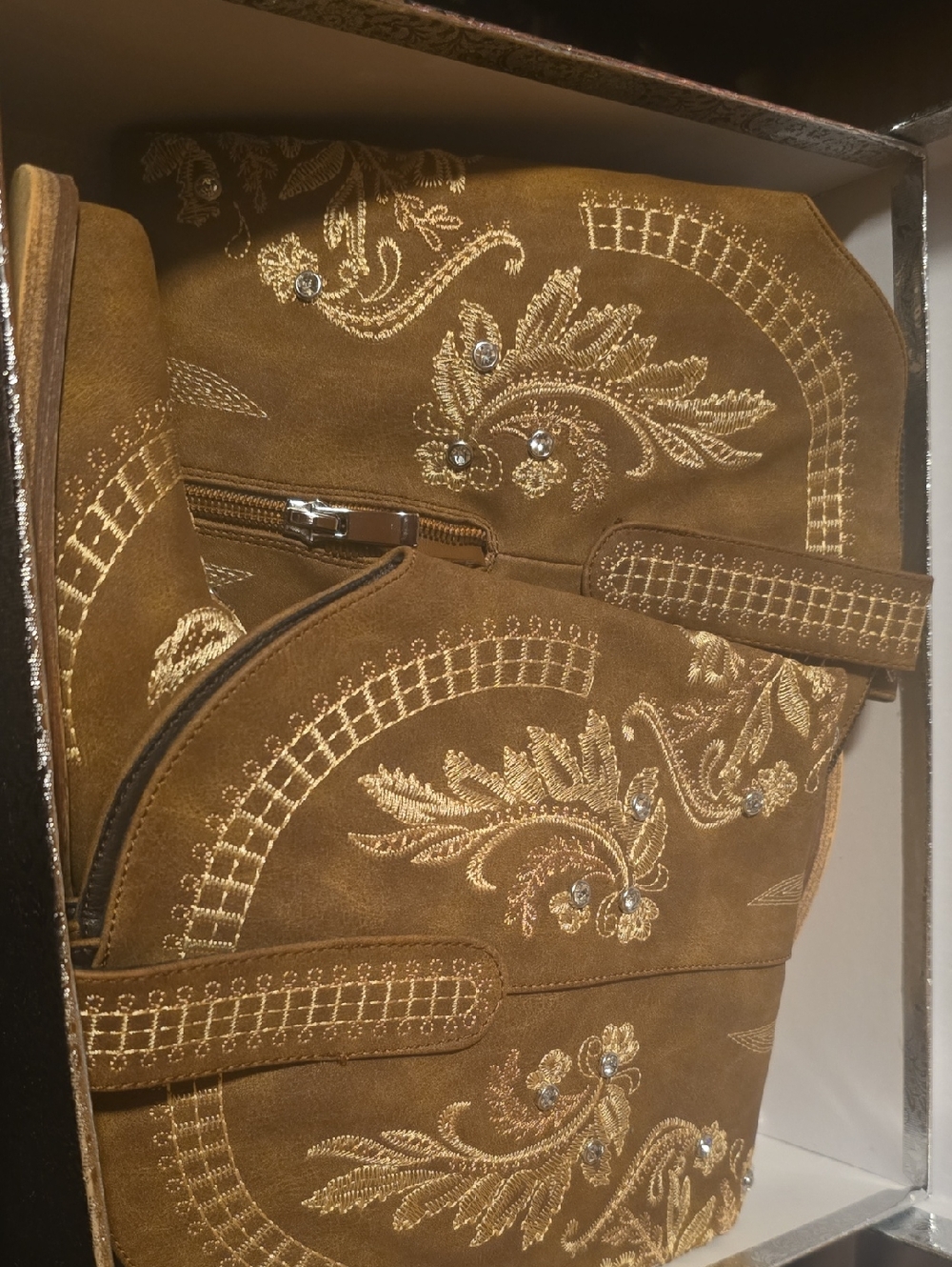 Embroidered Suede Brown Shoulder Bag with Crystal Accents